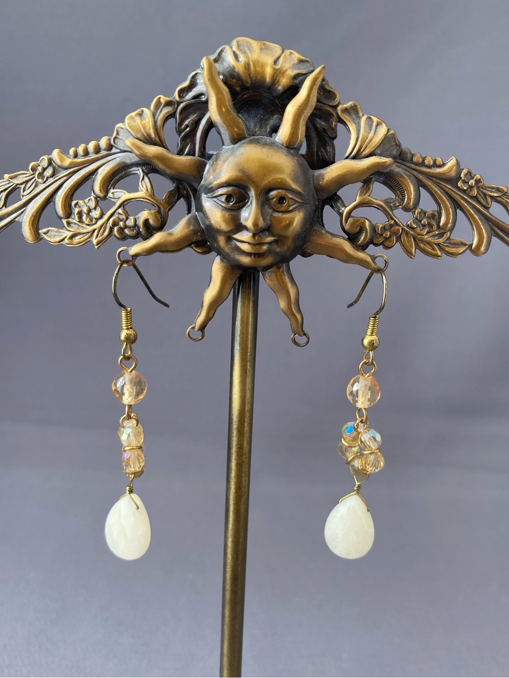 Off white quartz stone with beads dangle earrings